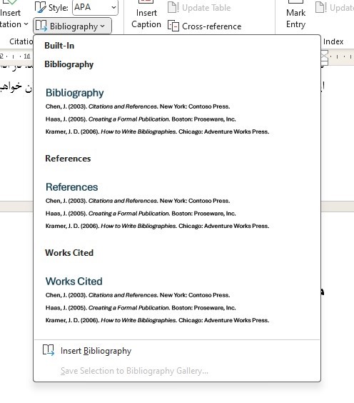 انتخاب قالب فهرست منابع در Word