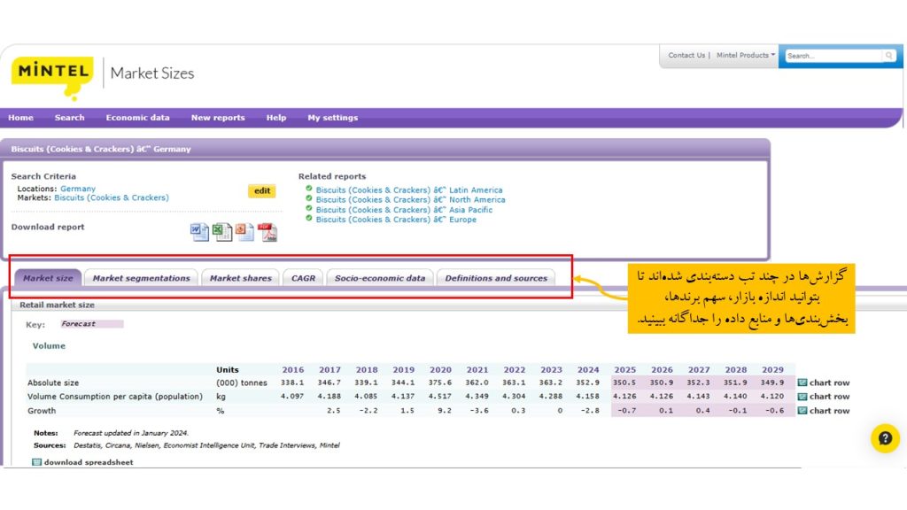 نمای تب‌های مختلف در بخش Market Sizes پایگاه Mintel