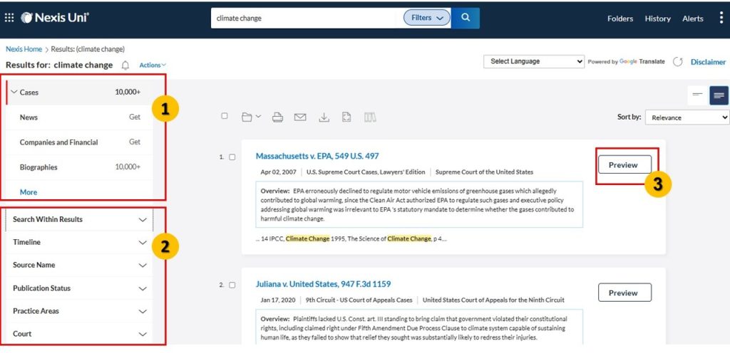 مدیریت نتایج در Nexis Uni
